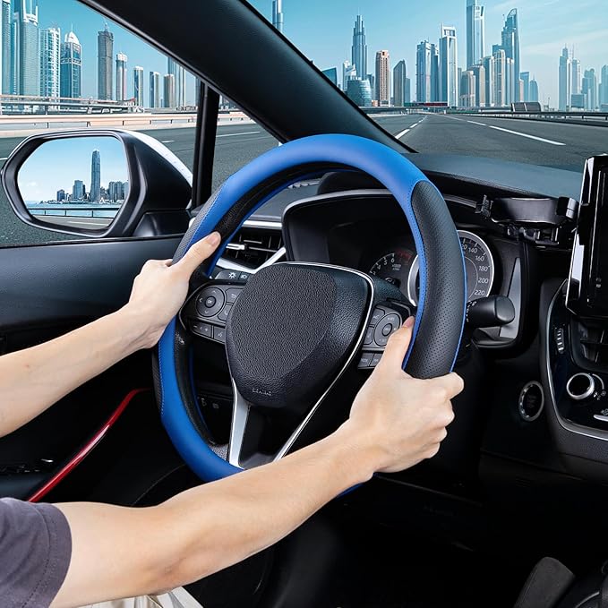 SEG Direct Steering Wheel Cover for 14.5-15 inch Wheels, Breathable PU Leather with Perforated Sides, Anti-Slip Grip, Universal Fit for Cars & SUVs, Black and Blue