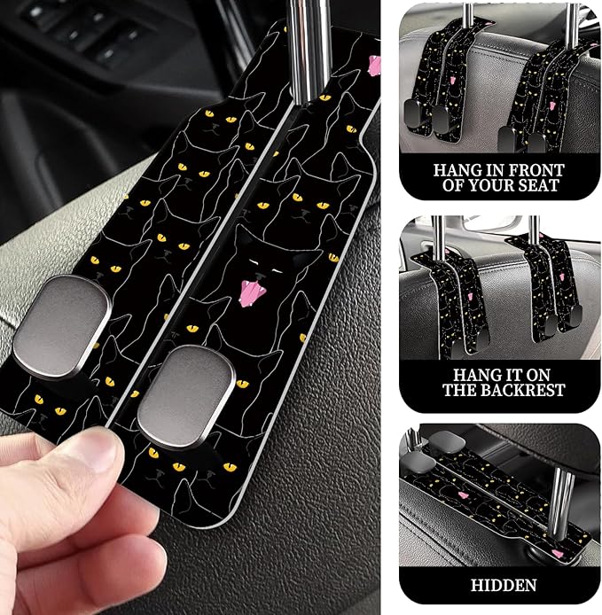 AXRQLSU PU Leather Car Seat Hook, Storage Headrest Hanger, Cute Car Backseat Organizer, Car Hooks for Purses and Bags Black Cats