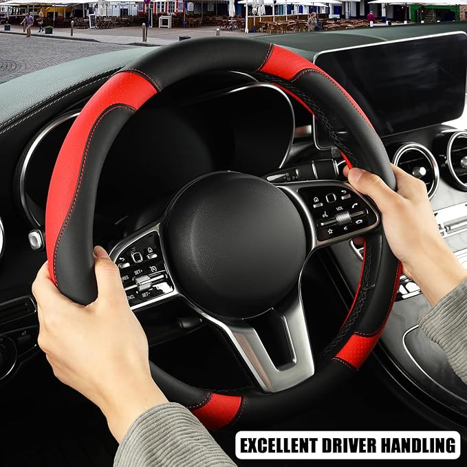 Binsheo Microfiber Leather Steering Wheel Cover, Breathable, Anti Slip, 13.5 inch to 14 inch, Black with Red