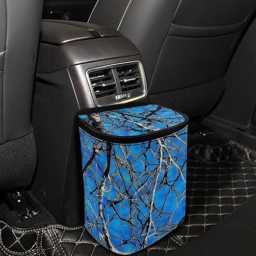 KEIAHUAN Blue Branch Camo Car Trash Can with Lid Multipurpose Collapsible Trash Bin for Car Hanging Vehicle Trash Bag Small Portable Automotive Garbage Cans Vehicle Interior Accessories