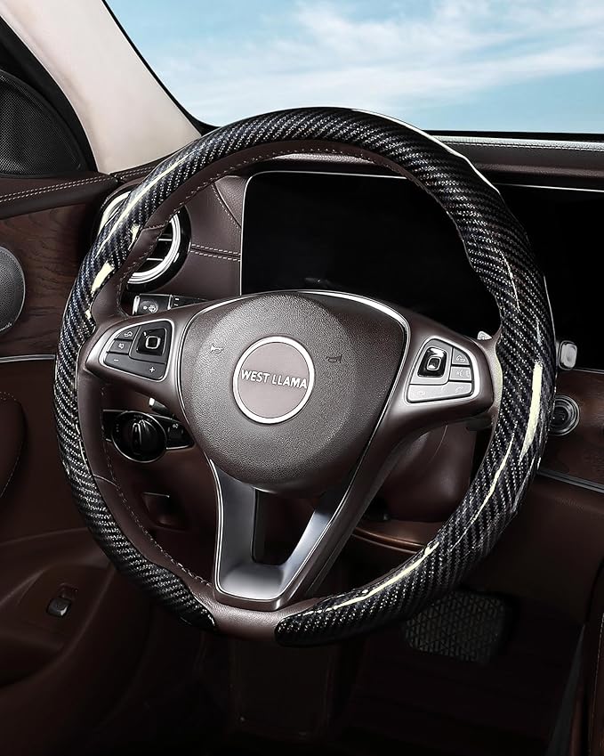 West Llama Carbon Fiber Car Steering Wheel Cover,Thin Steering Wheel Wrap Universal 14.5-15 Inch,Fit Cars,SUVs,Trucks(Glossy-Black-O-Shaped)