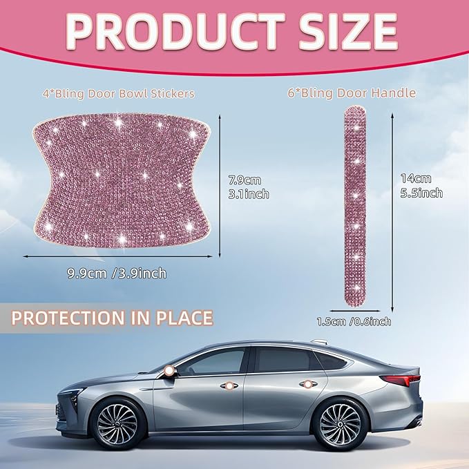 10 pcs Bling Diamond Car Door Handle Stickers, Bling Car Accessories for Women, Universal Rhinestone Crystal Glitter Door Handle Protector Stickers and Decals, Scratch Safety Reflective (Pink)