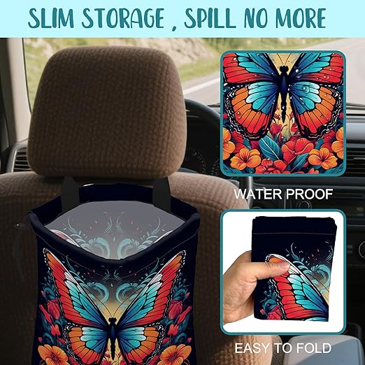 KXWQTRDD Car Garbage Bag Colorful Butterfly with Flowers Hanging Canvas Car Trash Bag Waterproof Drawstring Car Back Seat Organizer for Car Back Front Seat Console with Adjustable Buckle