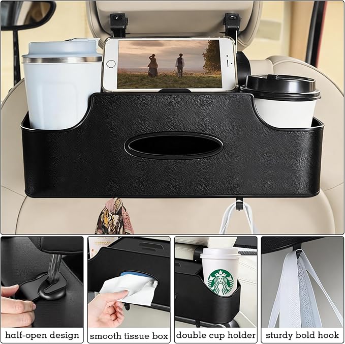 SADIFOKPLY Back Seat Car Organizer, Upgraded Multifunctional Car Storage Box, Hanging Back Seat Storage Organizer, with Phone Holder, Tissue Box, Cup Holders, Hooks (Type B - Black)
