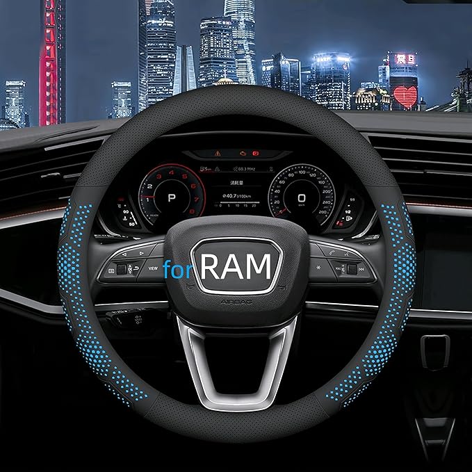 Yangday Leather Steering Wheel Cover for Dodge Ram 1500 2500 3500, 15.5-16 inches Car Steering Wheel Cover with Non-Slip Breathable (Blue)