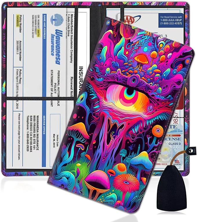 Car Registration and Insurance Holder, PU Leather Auto Document Holder for Men&Women, Vehicle Glove Box Compartment Organizer with Magnetic Shut for Driver's License, Trippy Mushrooms Pattern