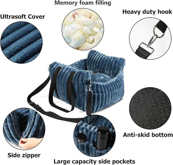 HOMLOVE Dog Car Booster Seat, for Small Dogs Under 30 lbs, Detachable Washable Travel Bed with Storage Pockets and Safety Belt (SOMKY Blue, Medium)