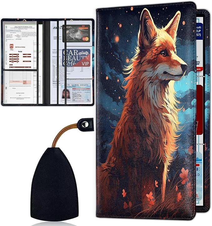 Car Document Holder with Magnetic Shut, Car Registration & Insurance Card Holder, Waterproof PU Leather Glove Box Organizer Vehicle Accessories Driver License for Women/Men, Fox Painting