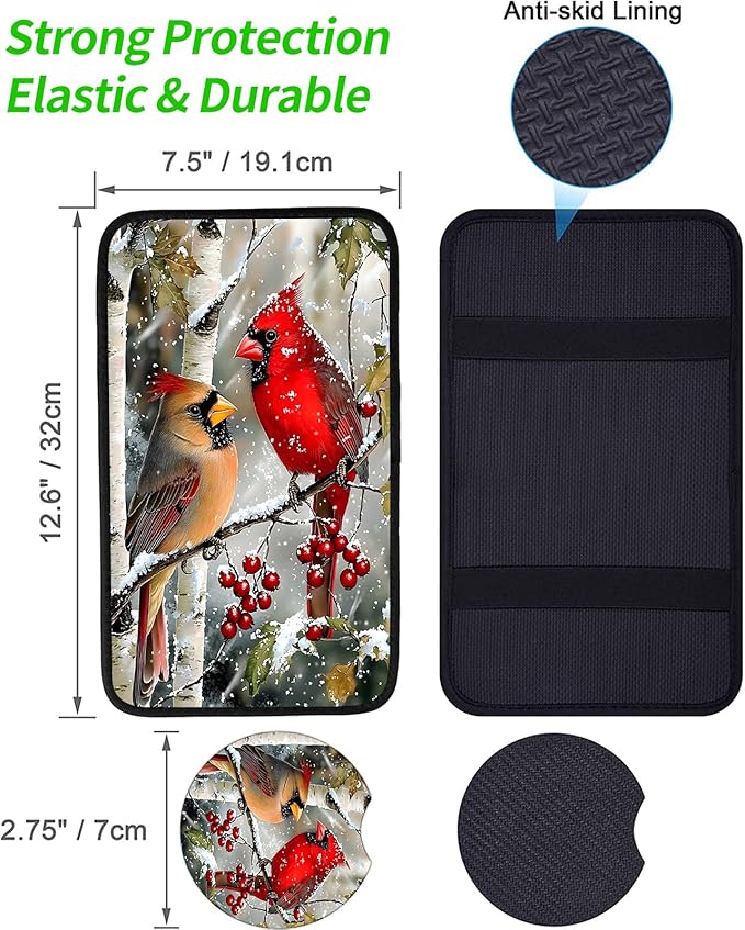 JANENFNA Car Armrest Cover Pads Universal Fashion Cute Auto Center Console Armrest Cover Pad with 2PCS Car Coasters Soft Waterproof Car Armrest Seat Protector for Women,Snowy Cardinals