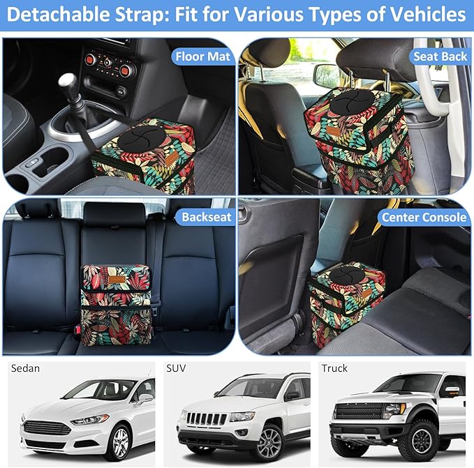 Car Trash Can Bin for Back Seat Leak Proof, Cute Car Trash Bag Hanging, Vehicle Trash Can for SUV Truck Van, Automotive Garbage Cans Front Seat Red Leaves, 2 Gallons