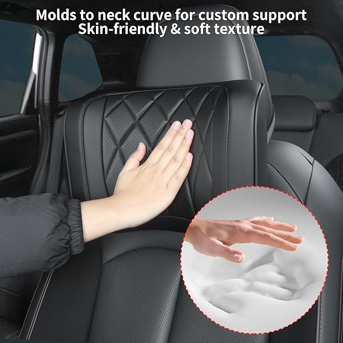 Dapucarin Car Headrest Pillow U-Shaped, Memory Foam Head Neck Support Cushion for Driving, Leather Head Rest Travel Pillows for Sleeping, Breathable Removable Cover, Black, 1 Pack