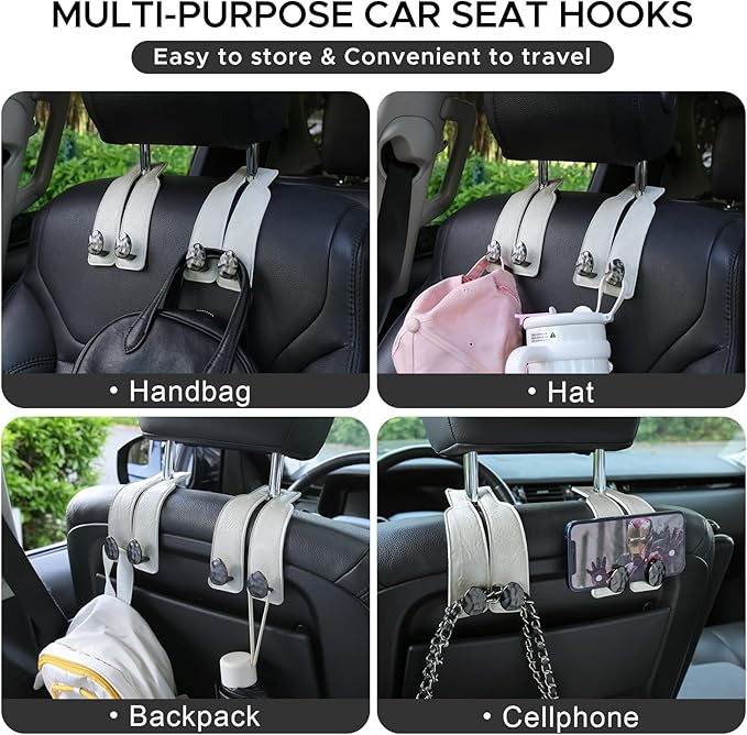 URIZZD 2PCS Leather Car Seat Hooks for Headrest, Vehicle Hanger Storage Organizer Universal for Handbag Purse, Car Accessories Gift (White-Black)
