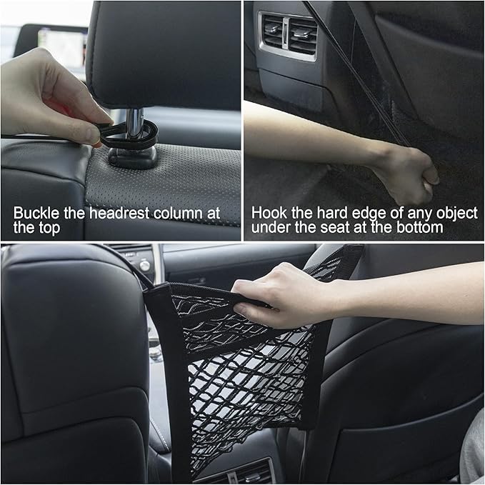 Amiss 3 Layer Car Net Pocket Handbag Holder, Between Seat Back Storage, Elastic Mesh Trunk Bag for Inside, Accessories Interior, Barrier of Backseat Kids Dogs or Pets - 9.8511.8 in
