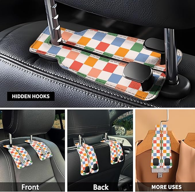 NUGGHU Car Seat Headrest Hook, Universal Leather Cute Hanger Holder Hook, Storage Organizer Interior Accessories for Purse Bags Handbag Colorful Cute Plaid
