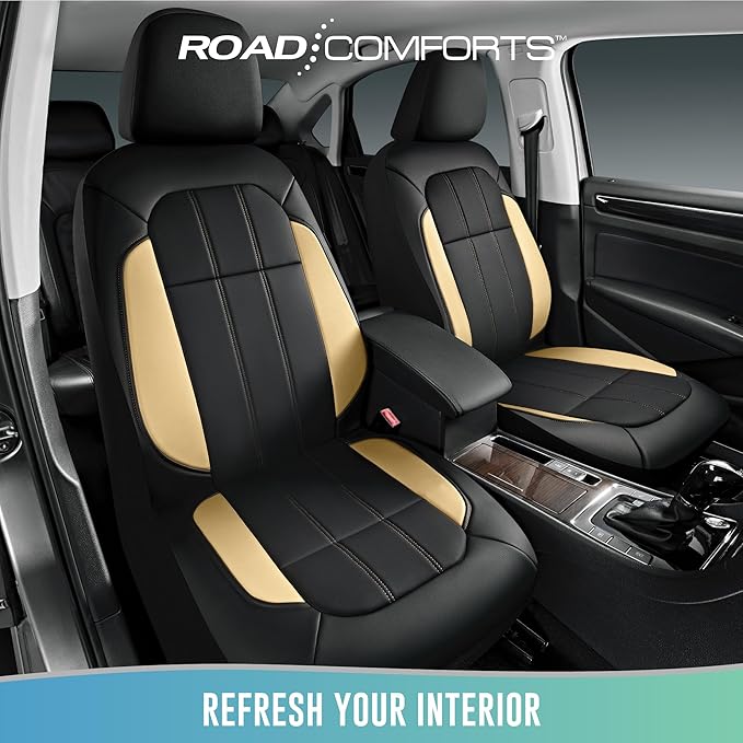Road Comforts Car Seat Covers, Breathable Leather Seat Covers, Car Seat Covers Front Seats Airbag Compatible, Automotive Seat Covers for Most Cars, Vans, Trucks, SUV - Beige