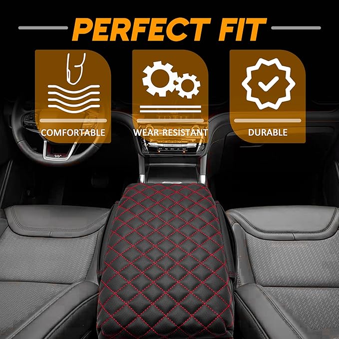 Center Console Cover for Ford Explorer 2026 2025 2020-2024 Accessories 1.2in Thickness Armrest Cover Leather Arm Rest Box Lid Protector Cushion Pad Middle Console Cover with Side Pockets (Red Stitch)