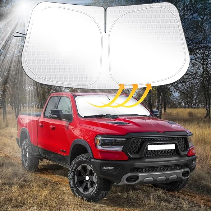 Car Windshield Sun Shade Compatible with 2019-2023 2024 2025 2026 Dodge Ram 1500 2Dr RegularCab, 4Dr QuadCab, CrewCab, MegaCab Accessories Foldable Sunshade Truck Custom Windshield Sun Visor
