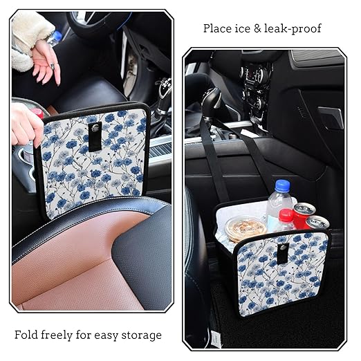 Car Trash Can Organizer Bin with Adjustable Strap for Back Front Seat Console Waterproof Leakproof Collapsible Portable 8.66 Inch Chinese Blue White Cornflower