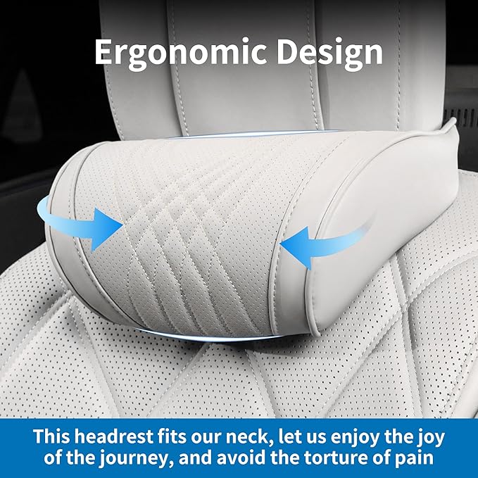 Dapucarin Car Headrest Memory Foam Neck Pillow for Driving with Leather Cover Soft Comfortable Seat Head Pillow Cushion for Most Cars SUV Sedan Home Office Off-White (Beige) (2PC)