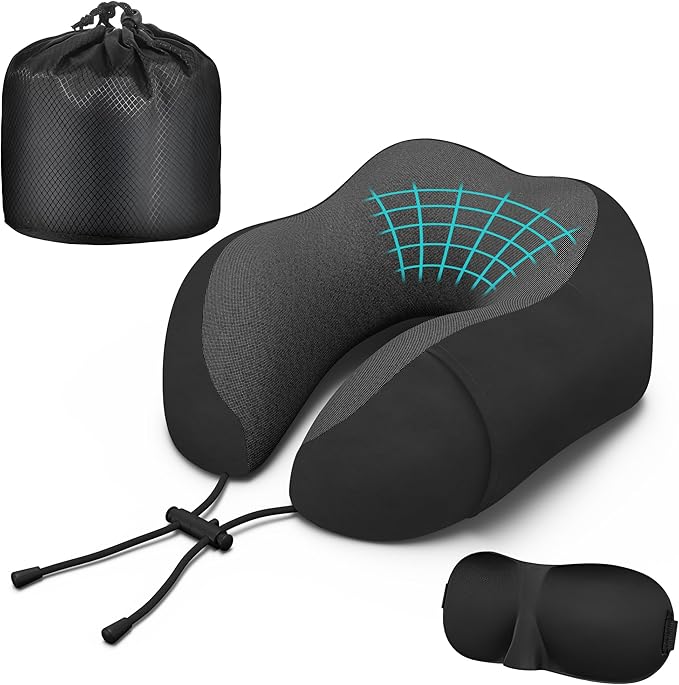 Phent zari Neck Travel Pillow, Upgraded Memory Foam Pillow for Airplane, Machine Washable, Adjustable Flight Pillow, Suitable for Sleeping Airplane, Car, Office and Home (Black)