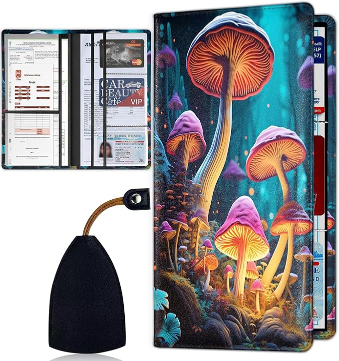 Car Document Holder with Magnetic Shut, Car Registration & Insurance Card Holder, PU Leather Glove Box Organizer Vehicle Accessories Driver License for Women/Men, Magic Psychedelic Mushroom