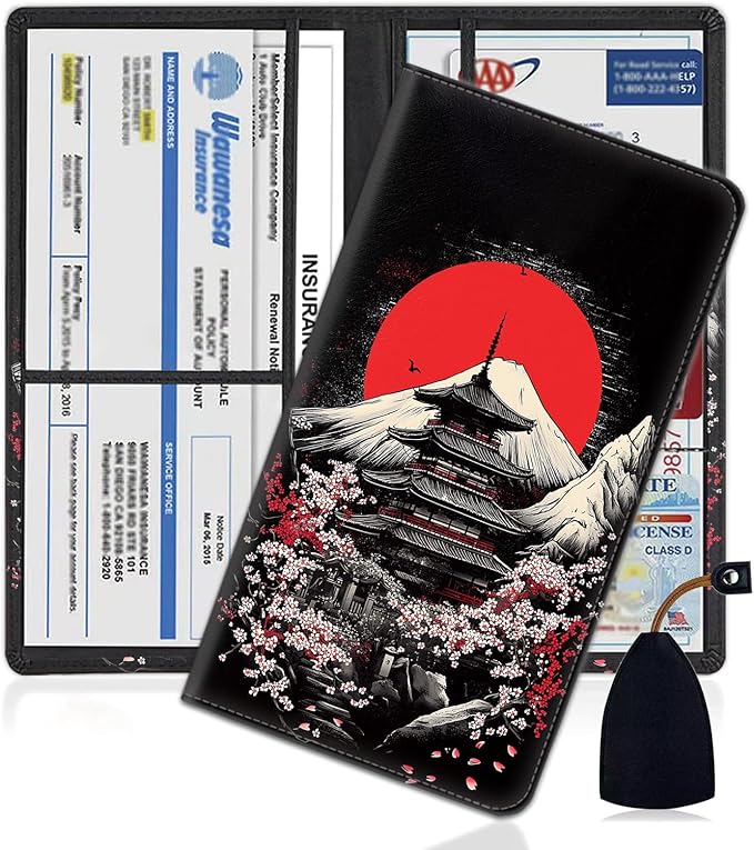 Car Document Holder with Magnetic Shut, Car Registration and Insurance Card Holder, Vehicle Glove Box Organizer Documents, Driver License, Auto Paperwork Organizer, Cherry Blossoms + Mount Fuji