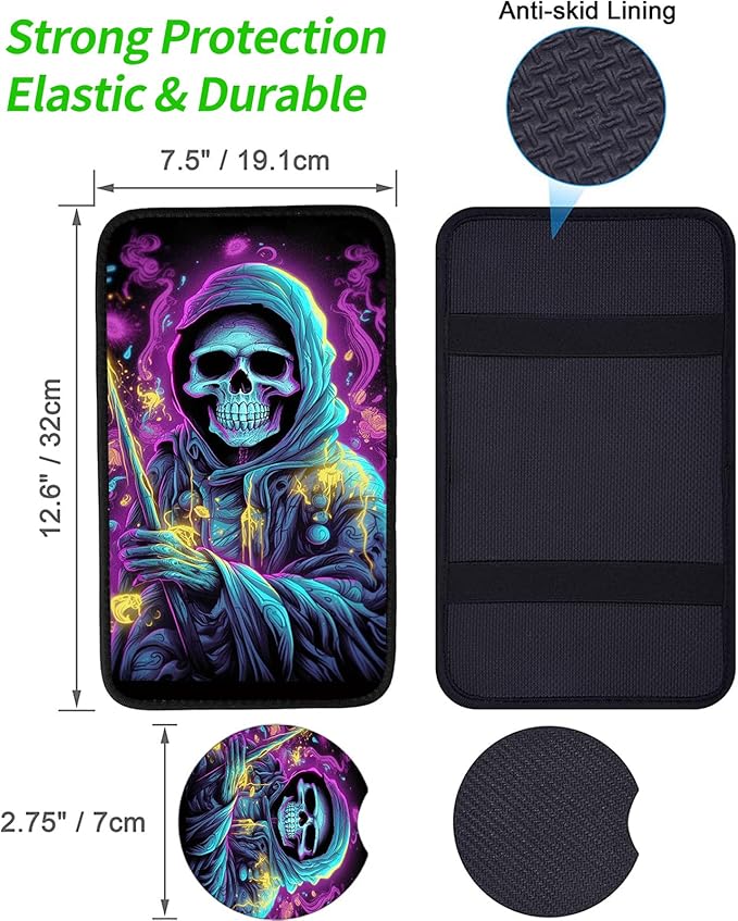 JANENFNA Car Armrest Cover Pads Universal Fashion Cute Auto Center Console Armrest Cover Pad with 2PCS Car Coasters Soft Waterproof Car Armrest Seat Protector for Women,Skull Death