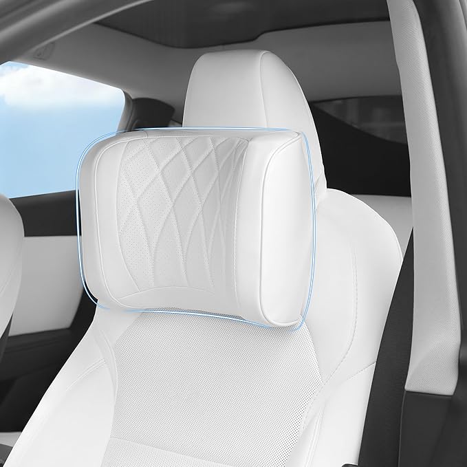 Dapucarin Car Headrest Pillow U-Shaped, Memory Foam Head Neck Support Cushion for Driving, Leather Head Rest Travel Pillows for Sleeping, Breathable Removable Cover, White, 2 Pack