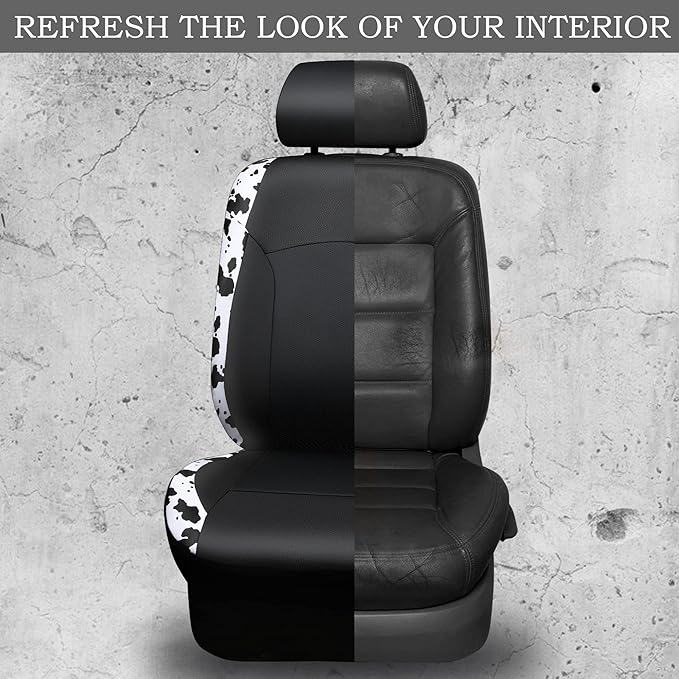 CAR-PASS Cow Print Car Accessories Sets Faux Leather Car Seat Covers & Cow Car Mats & Cow Steering Wheel Cover Seat Belt Pads Universal fit for SUV,Van,Saden,Truck Cute Automobile Interior Sets Women