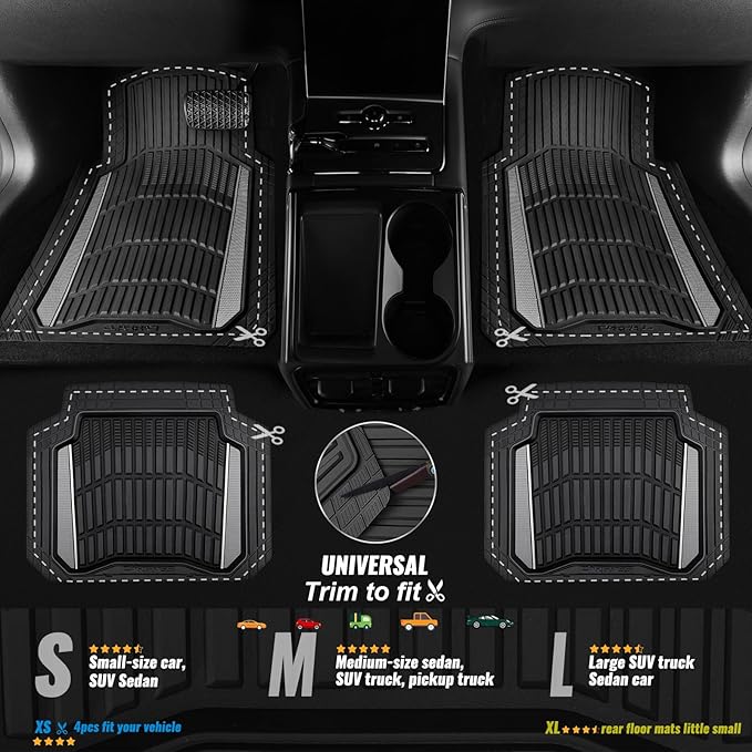 CAR PASS Heavy Duty Rubber Car Floor Mats, Deep Waterproof Car Floor Mats All Weather, Aluminum Film Floor Mats for Cars Non-Slip Universal Trim to Fit for SUVs Trucks Sedans Vans, Black Grey Metallic