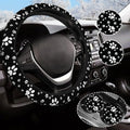 Paw Print Steering Wheel Cover for Women Men with 2 Pcs Car Coasters, Universal 14.5-15 Inch Cute Steering Wheel Covers Non-Slip Car Accessories for Girls