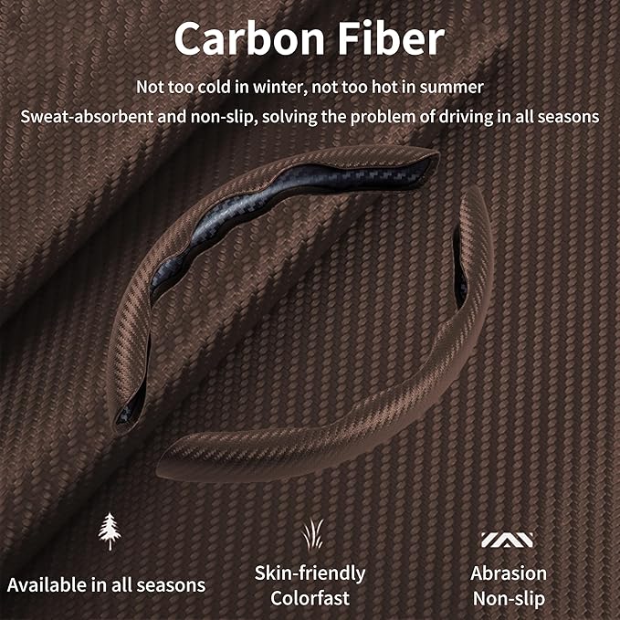 LevChall Carbon Fiber Steering Wheel Cover, 3-Piece Set Anti-Skid Comfortable Grip Segmented Butterfly Design, Easy Snap-On Installation Universal Fit 99% Cars, Brown
