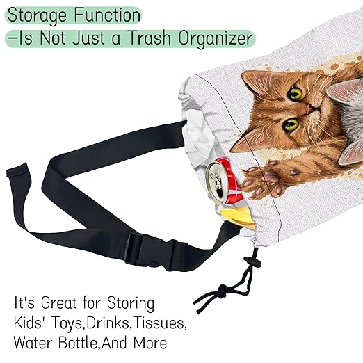 NHNXHWIA Cute Cats Car Trash Bag,Kittens Hanging Drawstring Car Garbage Bag,Waterproof Canvas Car Back Seat Organizer with Adjustable Buckle,for Vehicles,SUVs,Camping,Road Trips