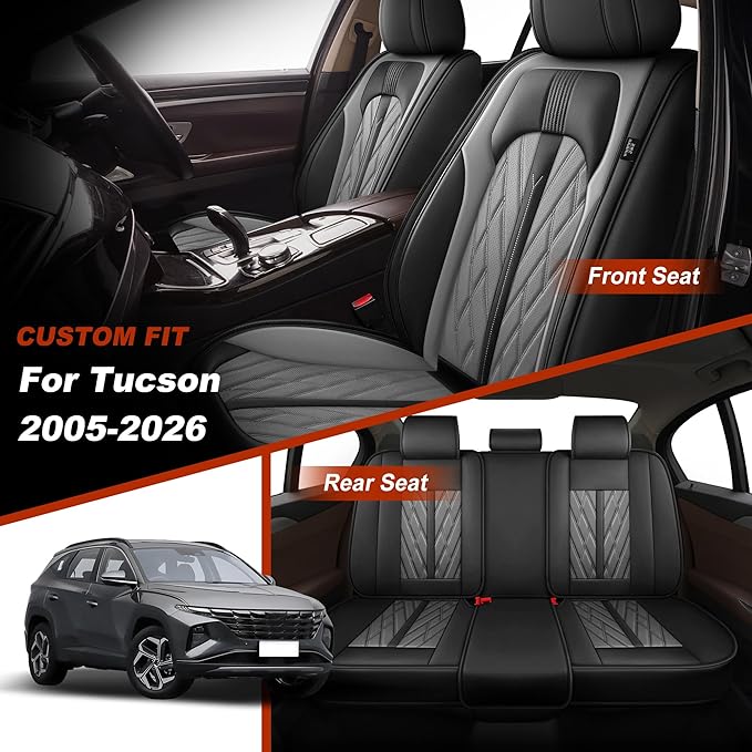 TTX LIGHTING Seat Covers Fit for Hyundai Tucson 2005-2026 Seat Covers Full Set Car Seat Covers Faux Leather Breathable Waterproof Car Seat Protector (5 Seats, Black&Grey)