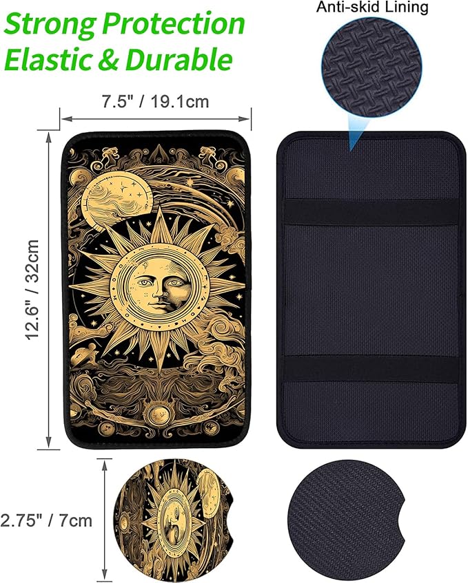 JANENFNA Car Armrest Cover Pads Universal Fashion Cute Auto Center Console Armrest Cover Pad with 2PCS Car Coasters Soft Waterproof Car Armrest Seat Protector for Women,Stargazing Sun and Moon