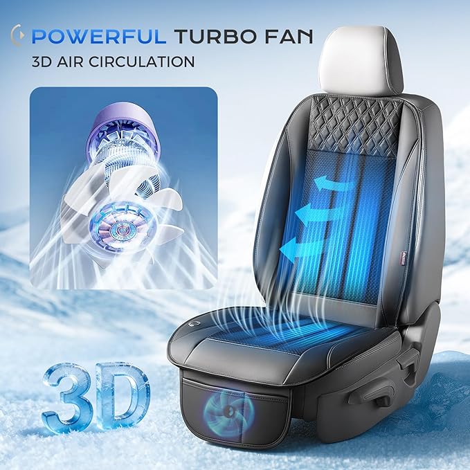 Coverado Cooling Car Seat Cover with High-Velocity Turbo Fan, Powerful Blowing & Suction Pad, 12V-24V Ventilated Cushion, 3-Speed Adjustable Airflow, Universal Fit for Car SUV Truck Van（Black）