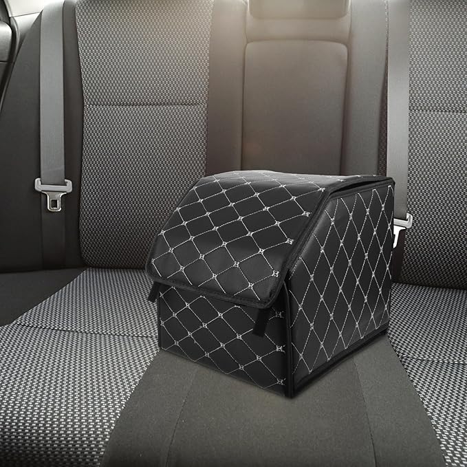 Car Trunk Storage Organizer Box Folding Multi-compartment Black with Gold Stitching Small Size Suv Grocery and Camping Organizer for Vehicle Interior