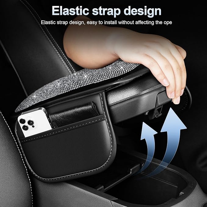 Center Console Cover Fit for CTS: Upgraded Diamond Auto Middle Console Cover - Crystal Rhinestone Armrest Cover for Car with 2 Storage Bags,Anti-Scratch Auto Armrest Pad Accessory （Black