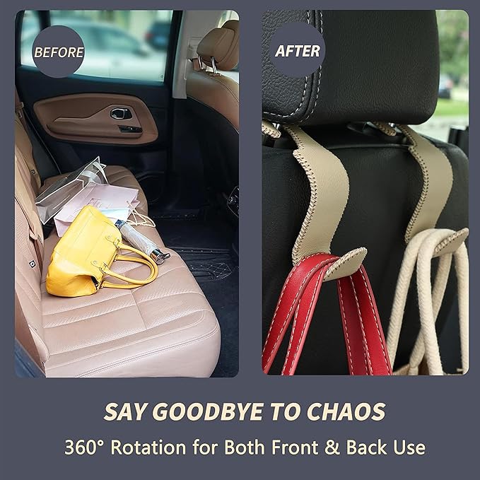 Amooca Car Seat Headrest Hook Universal Vehicle Storage Hanger Leather with Metal Car Seat Back Organizer for Handbag Purse Coat Beige 4 Pack