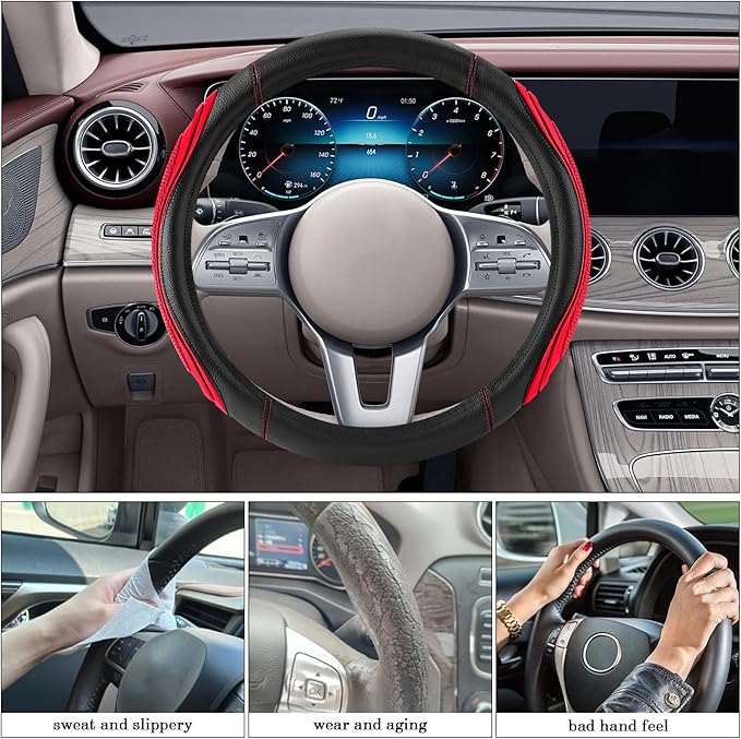 Red Film Splicing Leather Steering Wheel Cover, Microfiber Leather, Anti-Slip, Breathable, Universal Fit for 14.5–15 in Steering Wheel Cover for Men Women