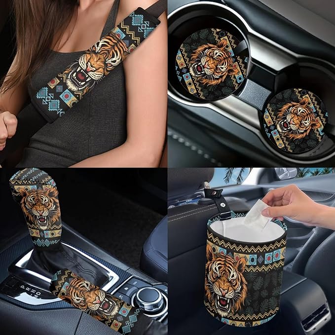 Dngkaoje Animal Tiger Car Seat Covers Full Set 13 Pcs Western Tiger Car Accessories Set with Steering Wheel Covers,Universal Collapsible Garbage Bin,Cup Holders,Armrest Cushion Pad