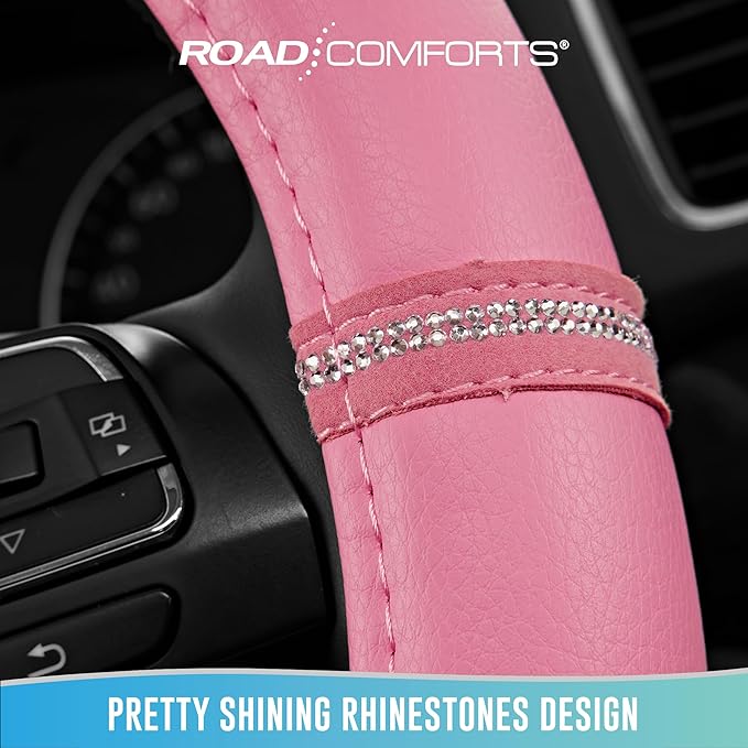 Road Comforts Leopard Steering Wheel Cover - Made with PVC Leather Cheetah Print - Anti-Slip, Universal Fit 14 1/2 inches to 15 inches - Pink