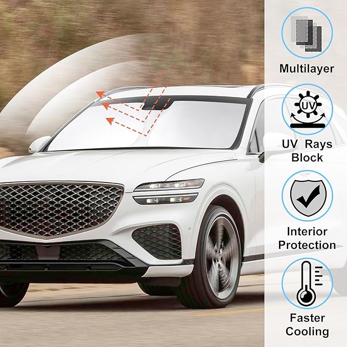 Windshield Sun Shade Custom Fit for 2022 2023 2024 2025 Genesis GV70 Accessories Foldable Sunshade Sun Blocker Protect Car from Sun Rays & Heat Damage Keep Car Cooler