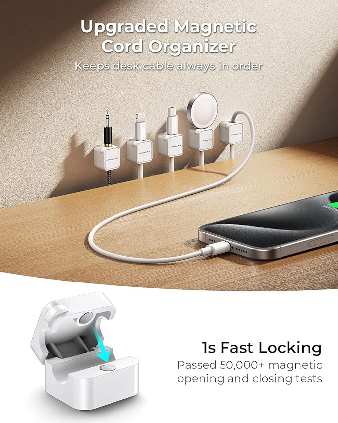 MRGLAS 20-Pack Magnetic Cable Management Cord Organizer,[1s Lock] Cable Holder Clips -Desk Cable Clips [Cable Smooth Adjustable], Adhesive Wire Organizer Keeper for Nightstand Desktop Wall Car Office