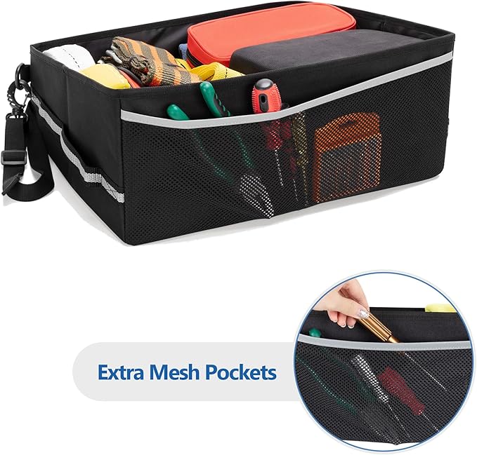 Under Seat Storage Fit for SuperCrew Cab, Foldable Truck Organizers and Storage Box Under Rear Seat For Single Seat with Removable Bottom Plate, 2 Side Handles and Hook Snap Fix Strap, Black