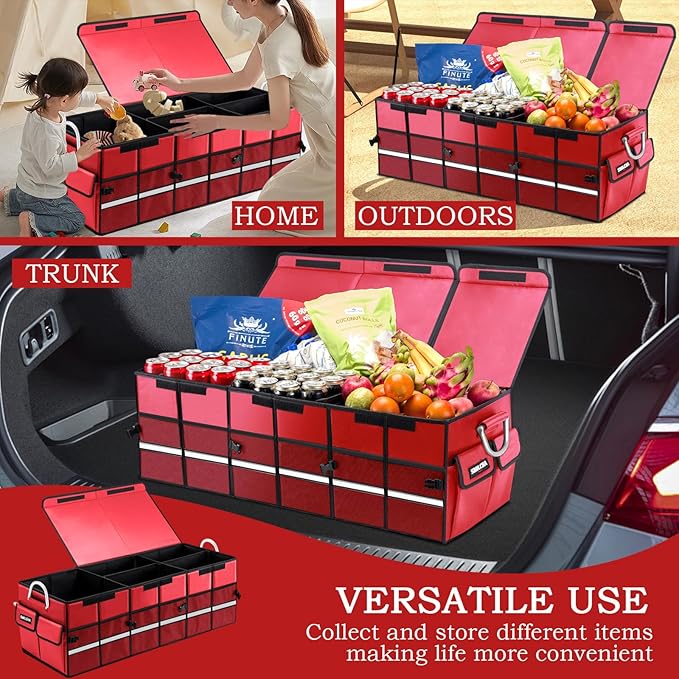 Heavy-Duty Extra Large 100L Premium Foldable Car Trunk Organizer with Lid + 26L Cooler Bag, Waterproof Robust Durable 1680D Oxford & Multi-Compartment Collapsible for SUV, Truck, Van, Sedan (Red)