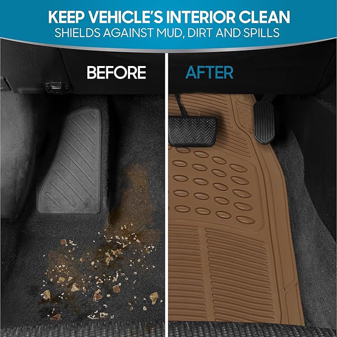 BDK Original ProLiner 3 Piece Heavy Duty Front & Rear Rubber Floor Mats for Car SUV Van & Truck, Beige – All Weather Floor Protection with Universal Fit Design