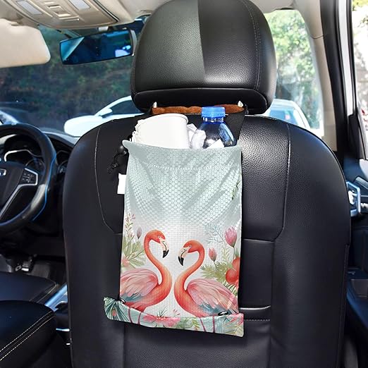 ALAZA Hanging Car Trash Bags Garbage Bag Trash Can for Back Seat Small Flamingo Floral Washable Storage Bag Retractable 2 Pack
