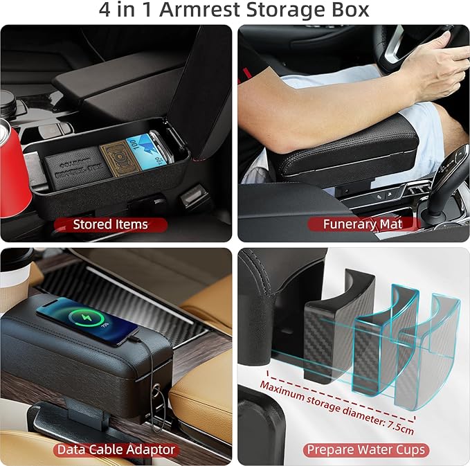 RUPSE Universal Car Armrest Storage Box with Cup Holder, USB/Type-C Ports, Adjustable Wrist Support,Center Console Organizer for Most Vehicles