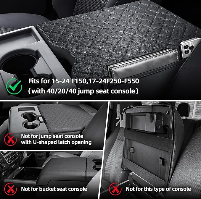 Center Console Cover Compatible with 2015-2025 Ford F150,2017-2025 F250 F350 F450 with 40/20/40 Jump Seat Armrest Accessories, Leather Armrest Cover with 2 Side Pockets Black (Only Jump Seat)